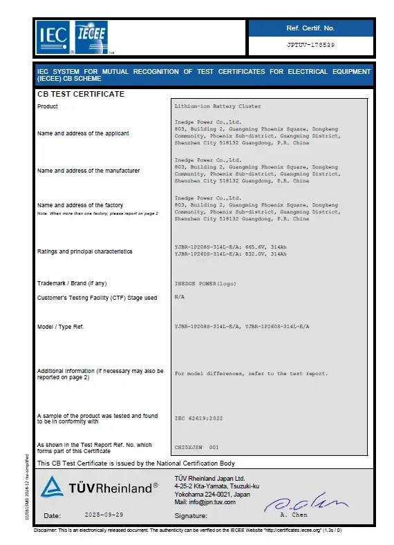 Inedge Power product certificate 4