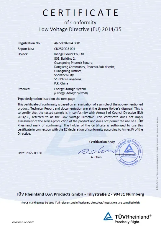 Inedge Power product certificate 6